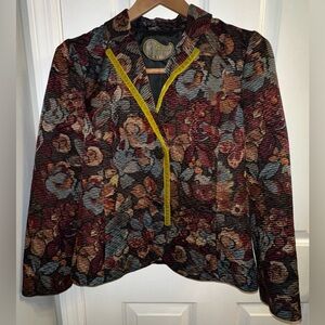 Etro Wool Floral Print Multi Textured Velvet Trim 3/4 Sleeve Blazer Size 42